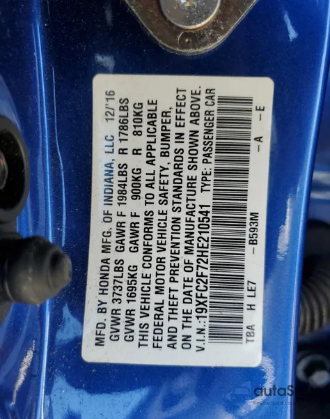 2017 Honda Civic Ex from USA, damaged, VIN 19XFC2F72HE210541